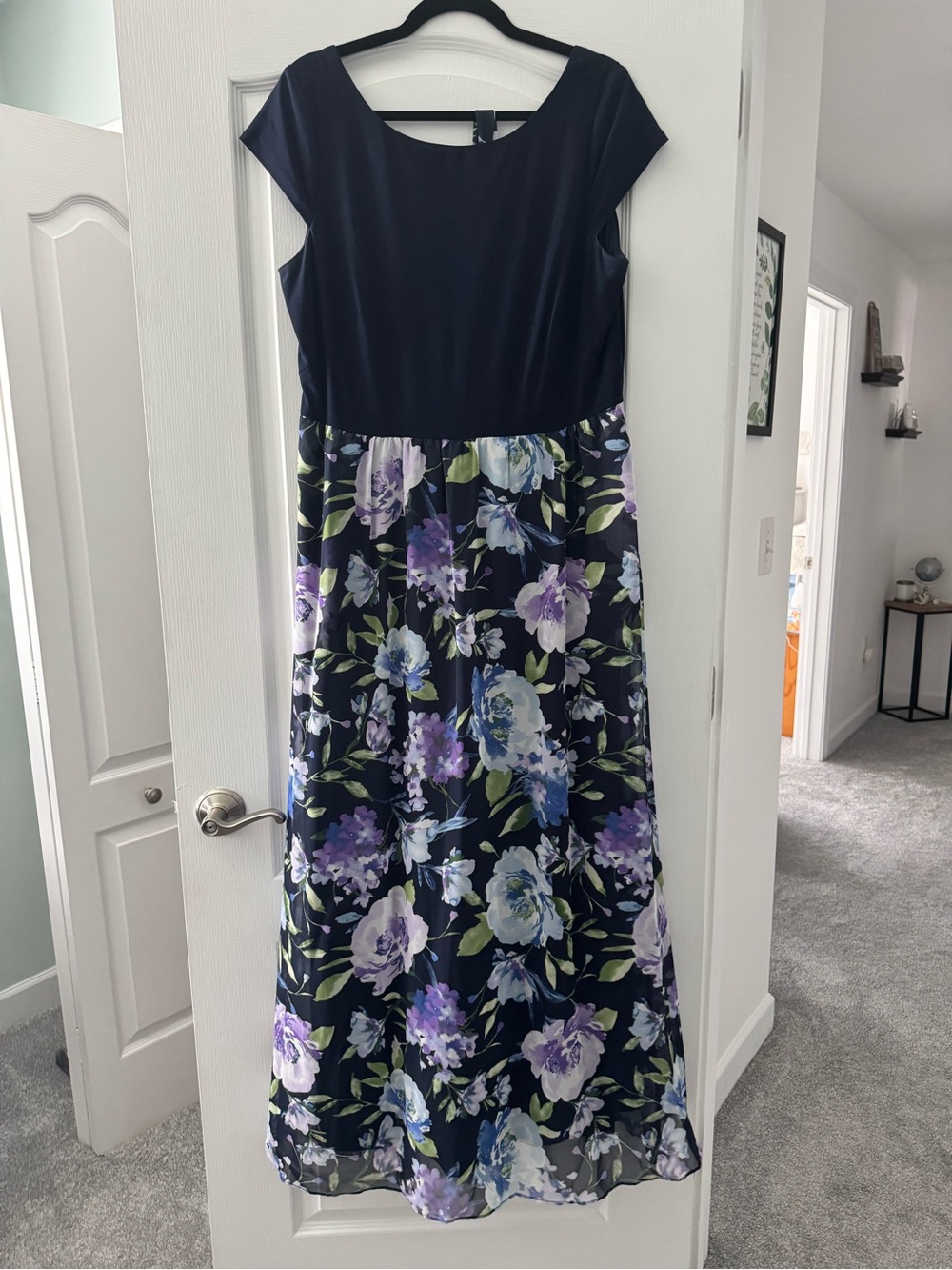 SLNY Navy Bodice Floral Maxi Dress with Purple & Blue Blooms